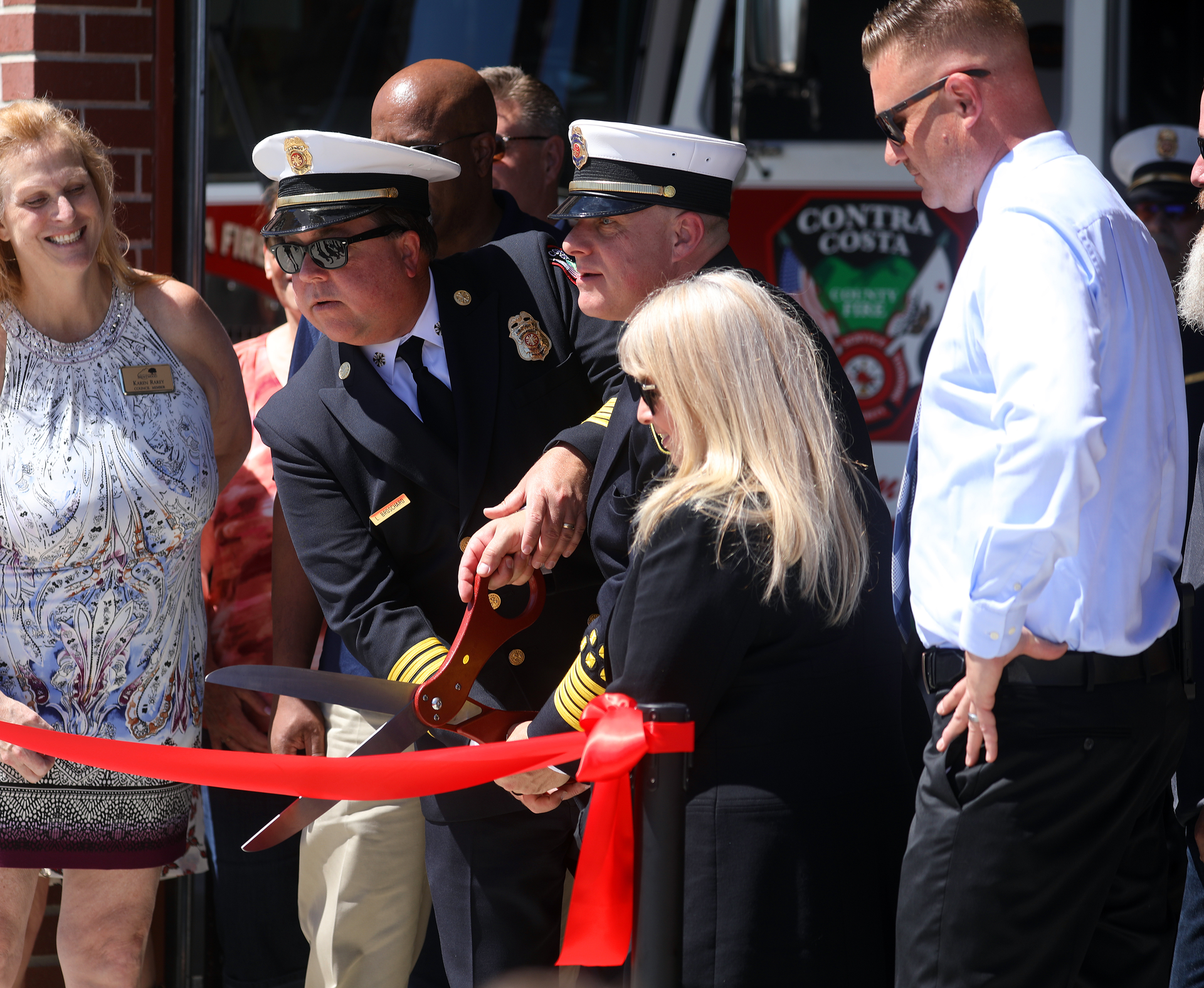 Contra Costa Fire Protection District Chief Lewis Broschard, left, and East County Fire Protection District Chief Brian Helmick open Station 95 in Oakley, CA.