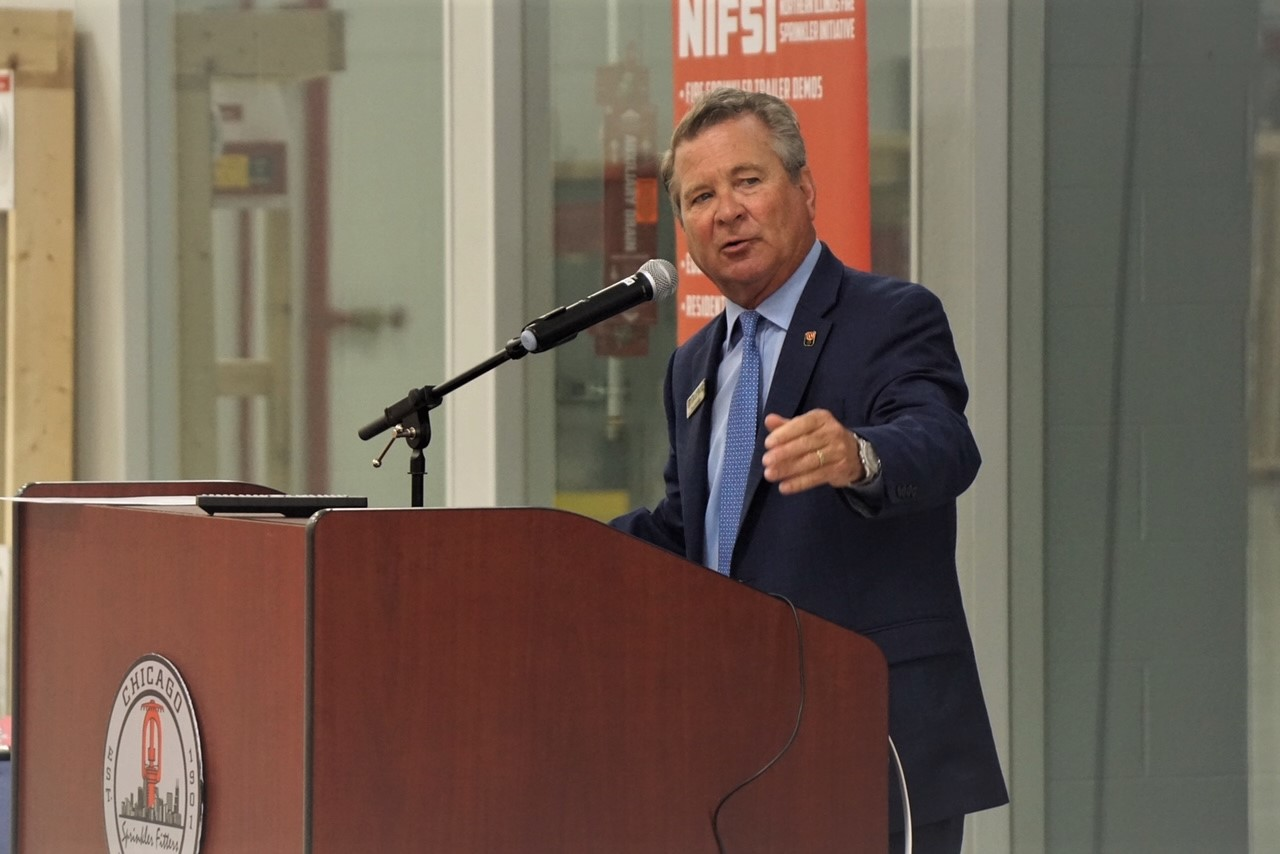 Paul Darley, president and CEO of Darley, the fire department equipment supplier, founded and co-chairs the annual Illinois Fire Service Home Day, held at the Sprinkler Fitters Local 281 Training Center in Alsip, IL.