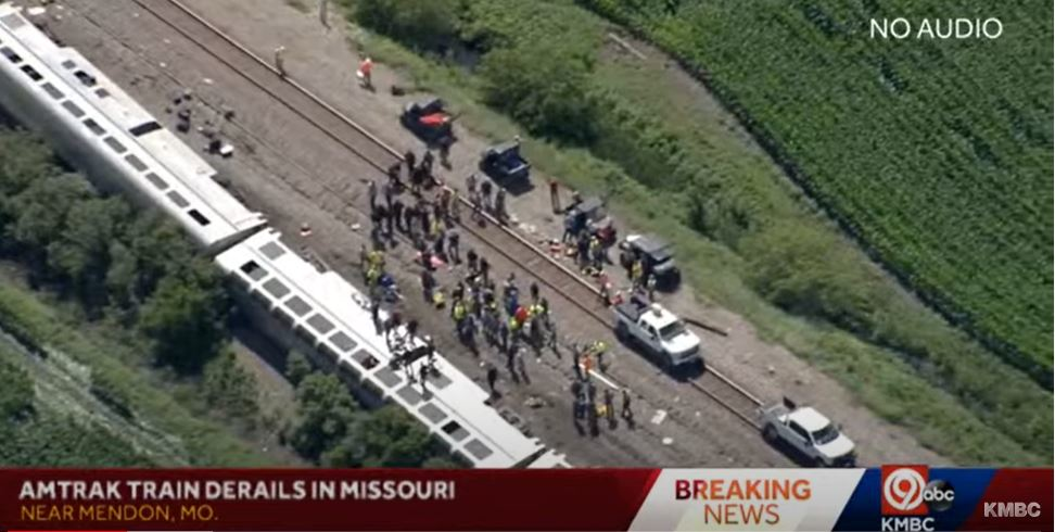 Screenshot of KMBC 9 video showing the aftermath of the Amtrak derailment.