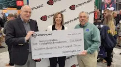 Ray Sharrah (left), President and Chief Executive Officer of Streamlight and Dawn Dalldorf-Jackson, Streamlight’s Vice President of Distribution & Business Development, present a $17,500 donation check to NFFF Executive Director Chief Ronald Siarnicki (right) in support of the National Fallen Firefighter’s Foundation.