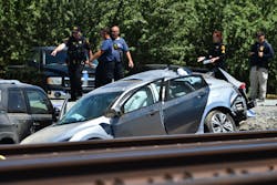 Contra Costa Sheriff's deputies investigate the scene after an Amtrak train collided with a vehicle in unincorporated Brentwood, Calif., on Sunday, June 26, 2022. The vehicle was hit by a westbound train on a rural dirt road with no railroad crossing adjacent to the 3800 block of Orwood Road. California Highway Patrol confirmed three fatalities at the scene. Contra Costa Sheriff's deputies investigate the scene after an Amtrak train collided with a vehicle in unincorporated Brentwood, Calif., on Sunday, June 26, 2022. The vehicle was hit by a westbound train on a rural dirt road with no railroad crossing adjacent to the 3800 block of Orwood Road. California Highway Patrol confirmed three fatalities at the scene.