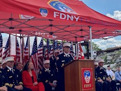 FDNY Deputy Chief Charles &apos;Chuck&apos; Downey speaks at the dedication of the department&apos;s new technical rescue training facility, which is named after his father, Chief of Special Operations Raymond Downey, who died during rescue efforts on 9/11 at the World Trade Center.