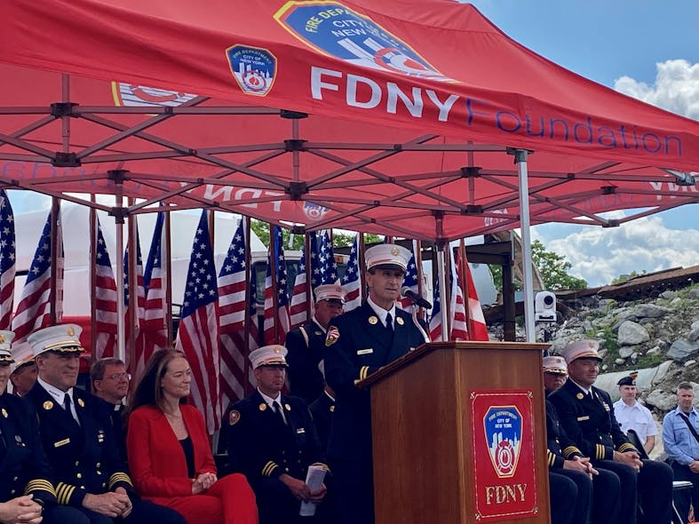 FDNY Deputy Chief Charles &apos;Chuck&apos; Downey speaks at the dedication of the department&apos;s new technical rescue training facility, which is named after his father, Chief of Special Operations Raymond Downey, who died during rescue efforts on 9/11 at the World Trade Center.