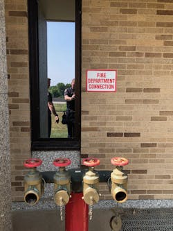 The test header, which is designed to facilitate water discharge during the annual fire pump test, consists of male threads and, sometimes, gate valves, the latter of which often are located on an exterior wall very near to the pump room. The test header, which is designed to facilitate water discharge during the annual fire pump test, consists of male threads and, sometimes, gate valves, the latter of which often are located on an exterior wall very near to the pump room.