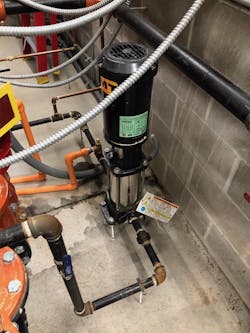 The jockey pump maintains the system pressure to just shy of the flow from a single sprinkler head activation. The jockey pump maintains the system pressure to just shy of the flow from a single sprinkler head activation.