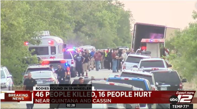 Officials found 46 people deceased and transported 12 to area hospitals from a tractor-trailer that was filled with migrants.