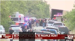 Officials found 46 people deceased and transported 12 to area hospitals from a tractor-trailer that was filled with migrants. Officials found 46 people deceased and transported 12 to area hospitals from a tractor-trailer that was filled with migrants.