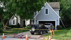 Four firefighters were injured Tuesday night when a stairwell collapsed at a house fire. Four firefighters were injured Tuesday night when a stairwell collapsed at a house fire.