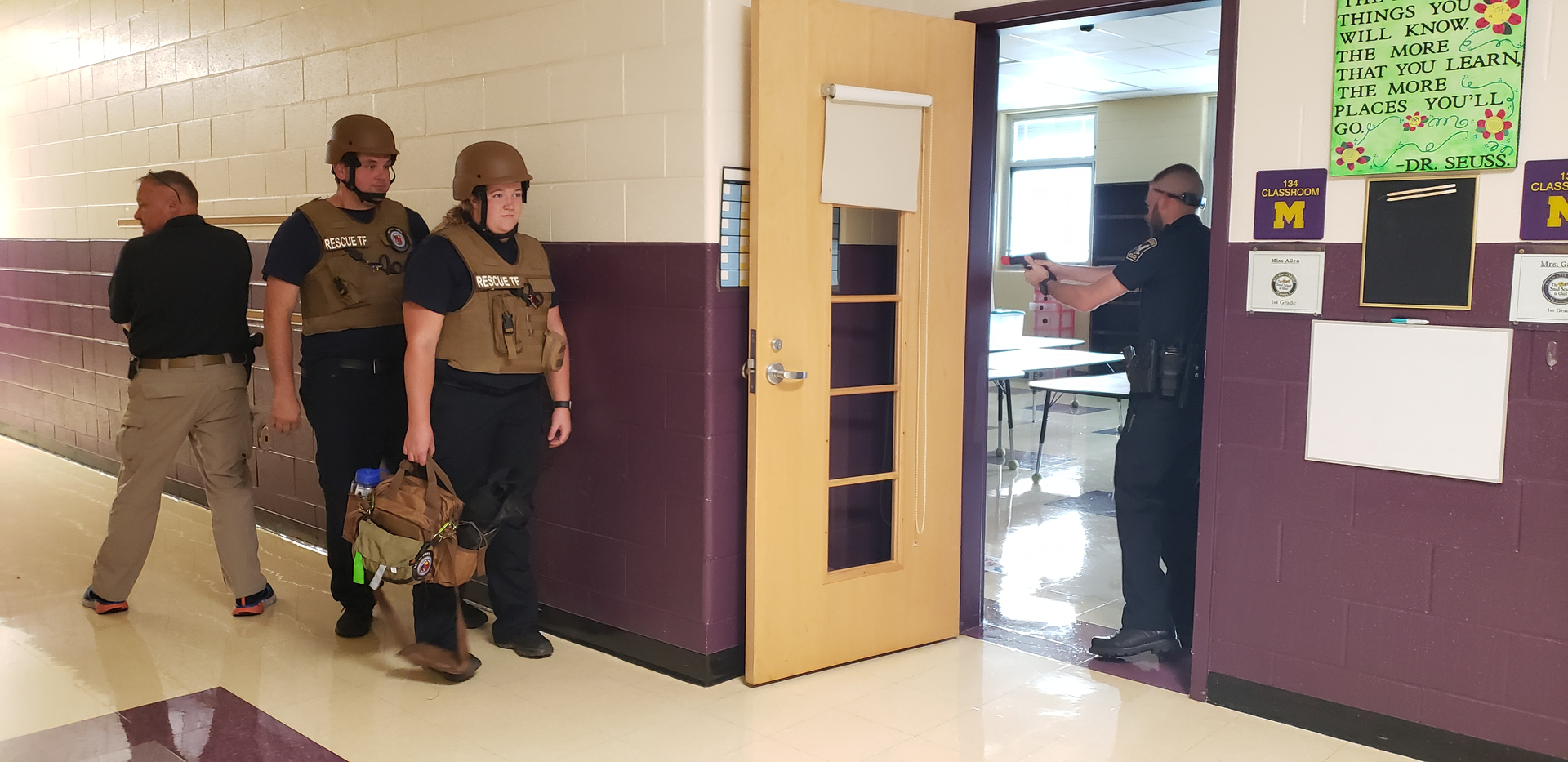 Members of Mechanicsburg Police and Fire/EMS practice RTF team configuration. (From left) Mechanicsburg School Resource Officer John Shultz, Mechanicsburg Fire Lieutenant Matt Bebout, Mechanicsburg Fire EMT Magdaline Perry, and Mechanicsburg Police officer Dominic Parks.