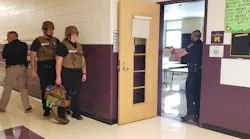 Members of Mechanicsburg Police and Fire/EMS practice RTF team configuration. (From left) Mechanicsburg School Resource Officer John Shultz, Mechanicsburg Fire Lieutenant Matt Bebout, Mechanicsburg Fire EMT Magdaline Perry, and Mechanicsburg Police officer Dominic Parks.