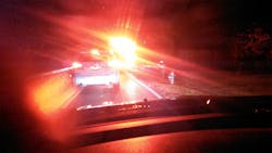 When an engine that has all of its lights illuminated is parked at a crash scene facing oncoming traffic, motorists can be prevented from seeing emergency personnel because of the glare that&rsquo;s produced.