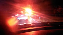 When an engine that has all of its lights illuminated is parked at a crash scene facing oncoming traffic, motorists can be prevented from seeing emergency personnel because of the glare that’s produced. When an engine that has all of its lights illuminated is parked at a crash scene facing oncoming traffic, motorists can be prevented from seeing emergency personnel because of the glare that’s produced.