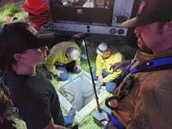 Contra Costa County Fire Protection District (Con Fire) put three plans into action simultaneously to rescue a trapped individual from an 18-inch drainage pipe. Plan B, which ultimately was employed, called for members to enter a sewer a grate that was located on a sloped area above grade from the drainage pipe. This would give rescuers access to a vault that was 150 feet from the end of the pipe. Contra Costa County Fire Protection District (Con Fire) put three plans into action simultaneously to rescue a trapped individual from an 18-inch drainage pipe. Plan B, which ultimately was employed, called for members to enter a sewer a grate that was located on a sloped area above grade from the drainage pipe. This would give rescuers access to a vault that was 150 feet from the end of the pipe.