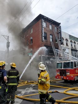 Over 125 firefighters worked for several hours to contain the fire at Jim's Steaks. Over 125 firefighters worked for several hours to contain the fire at Jim's Steaks.