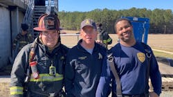 Apex Fire Department&rsquo;s Training Coordinator John White (center) was named the winner of the 2022 VCOS Training Officer Award. White is pictured here with Lt. Ryan Arnett (left) and Lt. Antonio Fuller during an event at the agency&rsquo;s training center.