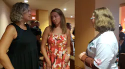 After addressing her late husband's fellow firefighters, Sara Laird, left, talks with Celeste Flynn, center, and her daughter, Erin Laird.