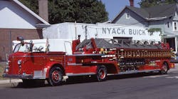 Aerial ladders typically were painted gray, which provided some contrast against the sky and which was claimed to be reasonably easy to maintain and keep clean. The Chelsea Hook and Ladder Company of Nyack, NY, once operated with this 1955 American LaFrance 100-foot tractor-drawn aerial ladder.