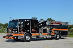 The South Charleston, WV, Fire Department honored the local high school by using the school’s colors for all frontline apparatus. Employing a combination of contrasting graphics along with the aluminum boom construction on this Sutphen aerial device provides good visibility. The South Charleston, WV, Fire Department honored the local high school by using the school’s colors for all frontline apparatus. Employing a combination of contrasting graphics along with the aluminum boom construction on this Sutphen aerial device provides good visibility.