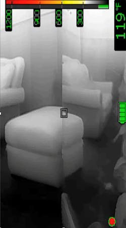 An ottoman and chair are reflected almost perfectly on a stainless steel door, which could cause disorientation when attempting to exit a building. An ottoman and chair are reflected almost perfectly on a stainless steel door, which could cause disorientation when attempting to exit a building.