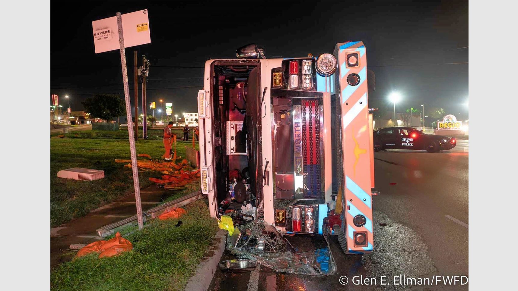 Fort Worth Engine 12 rolled over while responding to a house fire.