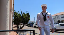 Seaman Recruit Ryan Mays, 21, approaches the Naval Base San Diego courthouse after a lunch break on Wednesday, August 17, 2022.