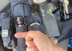 This officer carries their tourniquet off to the side and not near the centerline of their tactical vest. The pouch has been identified with the letters “TQ”, but this is not standard for all tourniquet pouches. This officer carries their tourniquet off to the side and not near the centerline of their tactical vest. The pouch has been identified with the letters “TQ”, but this is not standard for all tourniquet pouches.