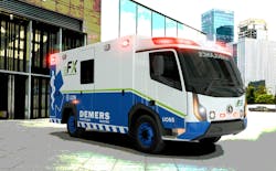 The Demers eFX electric ambulance is said to be 80 percent-90 percent less expensive to operate per kilometer/mile than traditional modular ambulances. Conservative estimates place maintenance and repair costs at 60 percent less than comparable internal combustion engine models.
