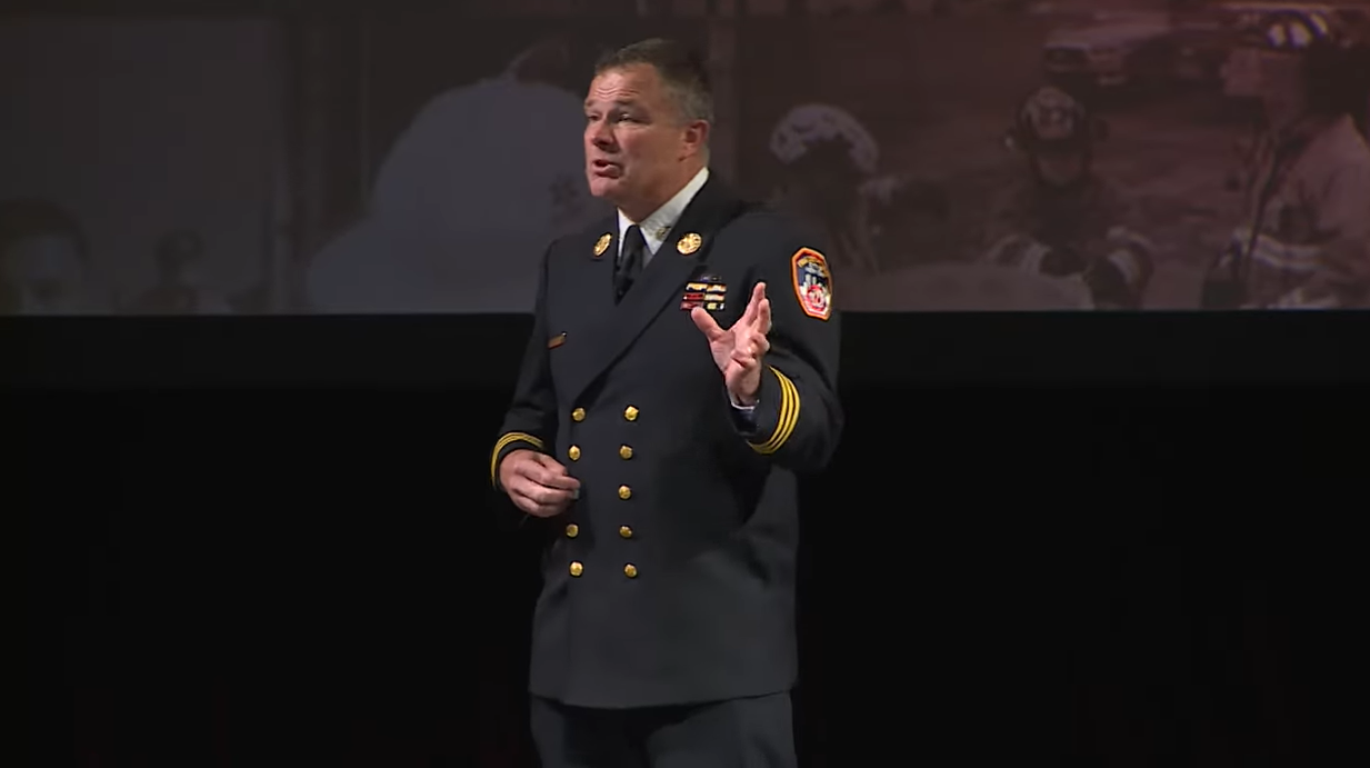 FDNY Deputy Assistant Chief Frank Leeb delivers the keynote address at Firehouse Expo.