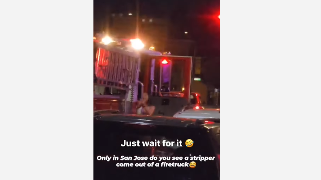 Video captured a woman in a bikini exiting a San Jose fire truck and then walking to a strip club.