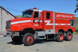 The third generation of wildland apparatus that was utilized at Camp Pendleton was International Paystar 6x6 units that were built by Boise Mobile Equipment. The enclosed crew area was integrated into the body and was equipped with a diesel-driven auxiliary pump and an 800-gallon water tank. The third generation of wildland apparatus that was utilized at Camp Pendleton was International Paystar 6x6 units that were built by Boise Mobile Equipment. The enclosed crew area was integrated into the body and was equipped with a diesel-driven auxiliary pump and an 800-gallon water tank.