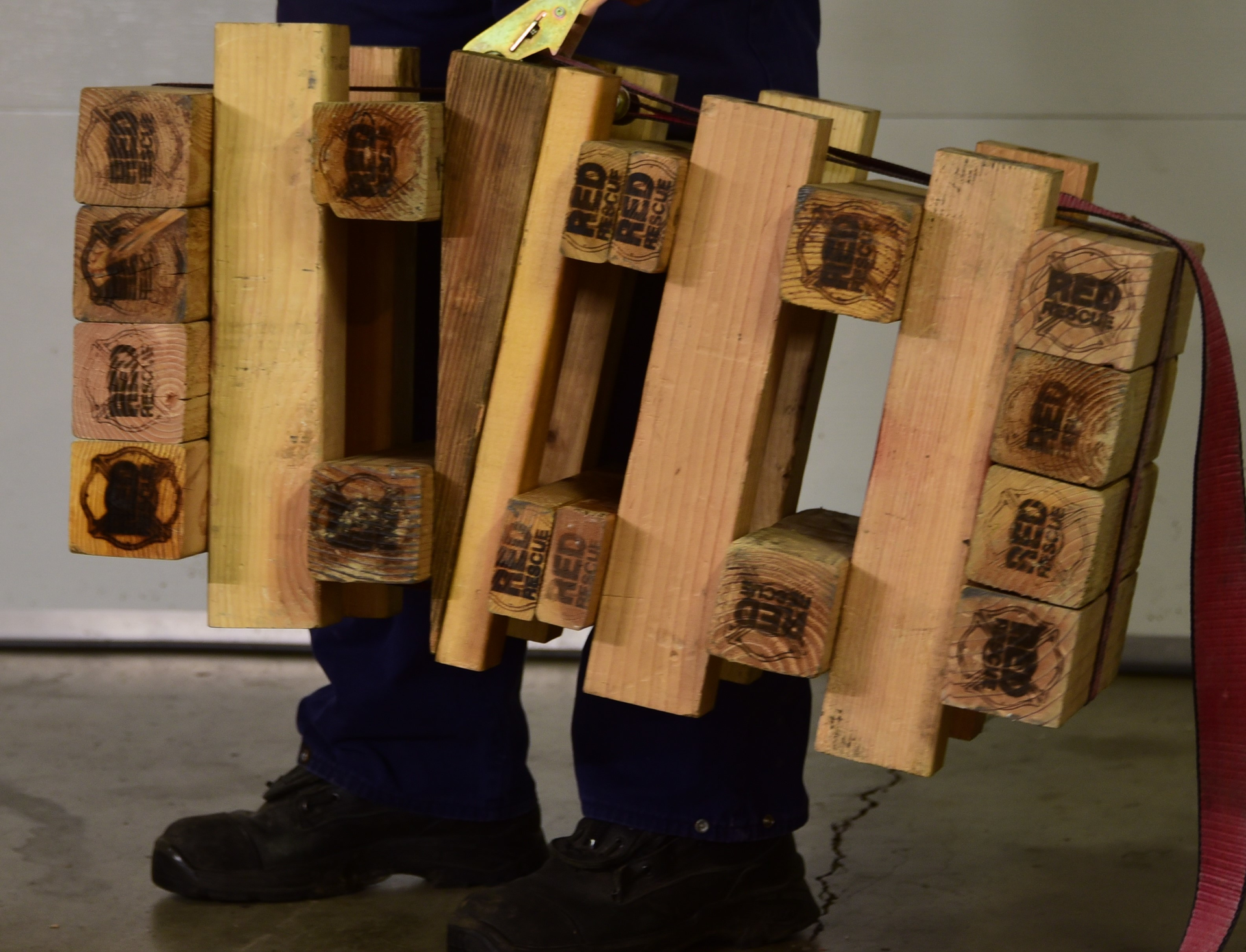 Photo 1. 30-inch cribbing assembly secured and carried horizontally. Note the wedges and the two-by-fours in the assembly.