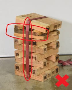 Photo 10. Wedges placed incorrectly and with small lumber under the top course. Photo 10. Wedges placed incorrectly and with small lumber under the top course.