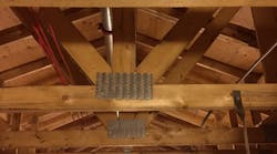 Example of the versatility of the gang nail: holding multiple pieces of a truss system in place instead of costy nails or glue. Example of the versatility of the gang nail: holding multiple pieces of a truss system in place instead of costy nails or glue.