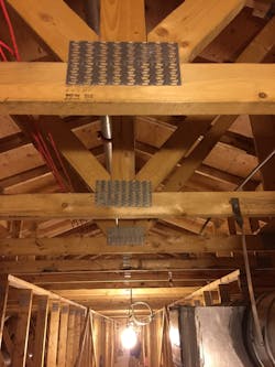 Example of the versatility of the gang nail: holding multiple pieces of a truss system in place instead of costy nails or glue. Example of the versatility of the gang nail: holding multiple pieces of a truss system in place instead of costy nails or glue.