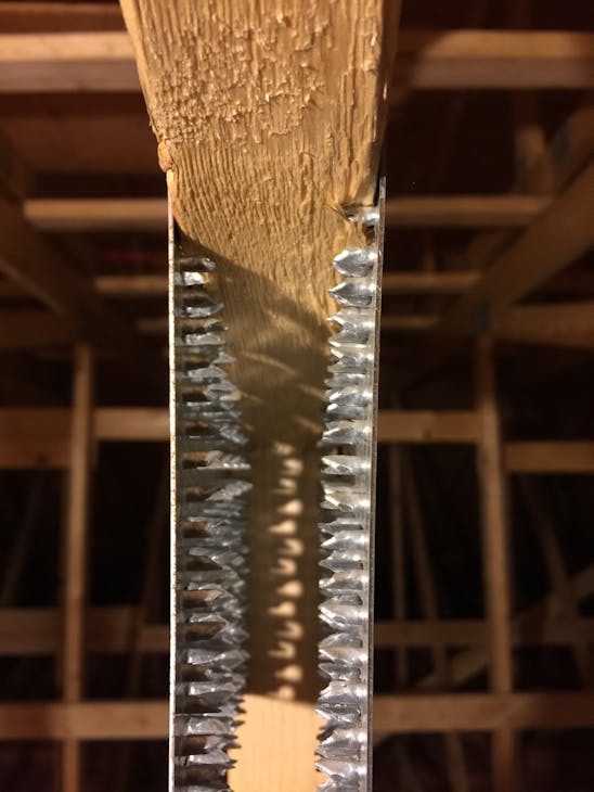 The design flaw of the gang nail from the firefighter’s standpoint is the limited penetration (a quarter- to a half-inch) into the wood, which leads to early failure during fire conditions. The design flaw of the gang nail from the firefighter’s standpoint is the limited penetration (a quarter- to a half-inch) into the wood, which leads to early failure during fire conditions.