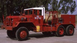 At one time, the Camp Pendleton Marine Corps Base operated a number of these rebuilt American General M813A1 wildland rigs. These units were designed with a floating tank cradle, which enabled the vehicles to safely ascend steep grades. Note the protective roll bar around the forward-facing crew seats. At one time, the Camp Pendleton Marine Corps Base operated a number of these rebuilt American General M813A1 wildland rigs. These units were designed with a floating tank cradle, which enabled the vehicles to safely ascend steep grades. Note the protective roll bar around the forward-facing crew seats.