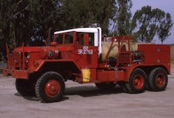 At one time, the Camp Pendleton Marine Corps Base operated a number of these rebuilt American General M813A1 wildland rigs. These units were designed with a floating tank cradle, which enabled the vehicles to safely ascend steep grades. Note the protective roll bar around the forward-facing crew seats.