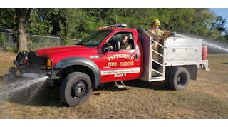 Attack platforms and short sections of hose near the cab are common in the design of wildland rigs for departments in Texas and other Plains states.