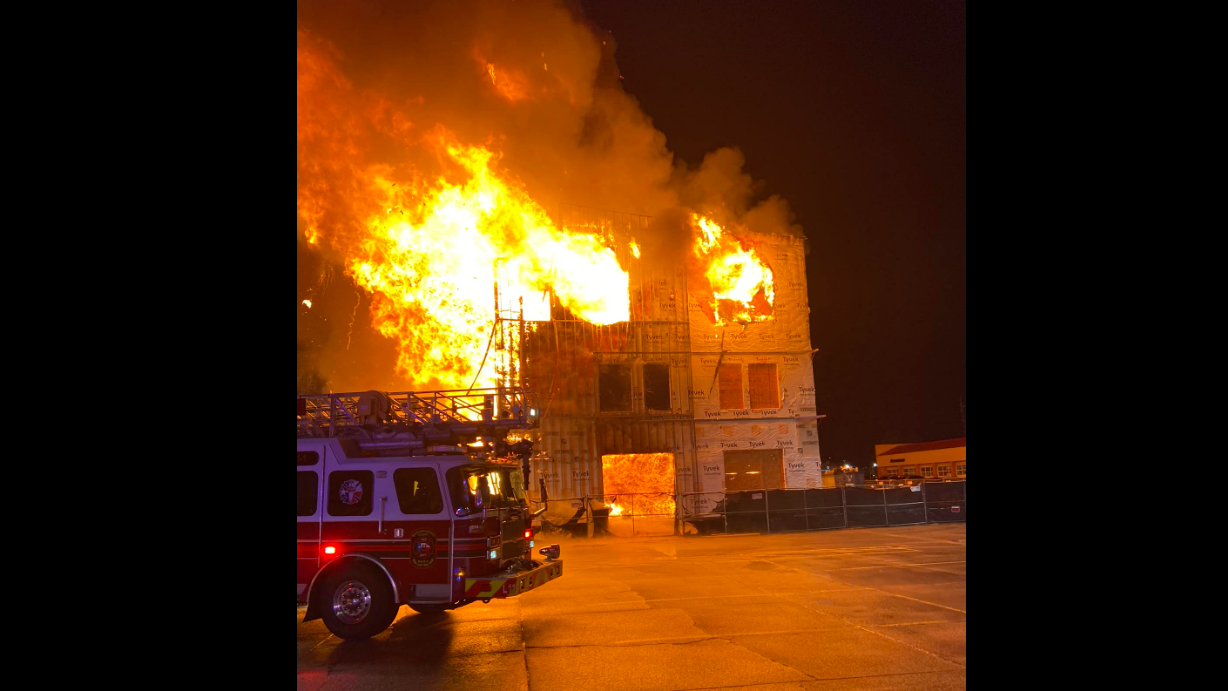 The three-story building along Interstate 45 near The Woodlands collapsed, injuring one firefighter and damaging a fire apparatus.