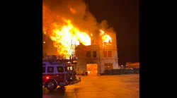 The three-story building along Interstate 45 near The Woodlands collapsed, injuring one firefighter and damaging a fire apparatus.