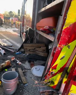 This rig was hit by a tractor-trailer on I-85 Monday morning.