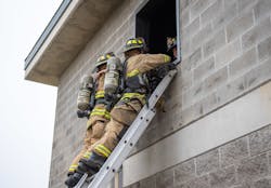 When possible, outside ladder crews should place a second ladder next to the initial ladder. This allows a second rescuer to help to manage the victim&rsquo;s weight.