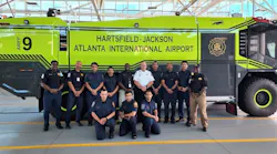 The cohort of Saudi Aramco firefighters who traveled to the United States in an August 2022 photo with Atlanta firefighters.