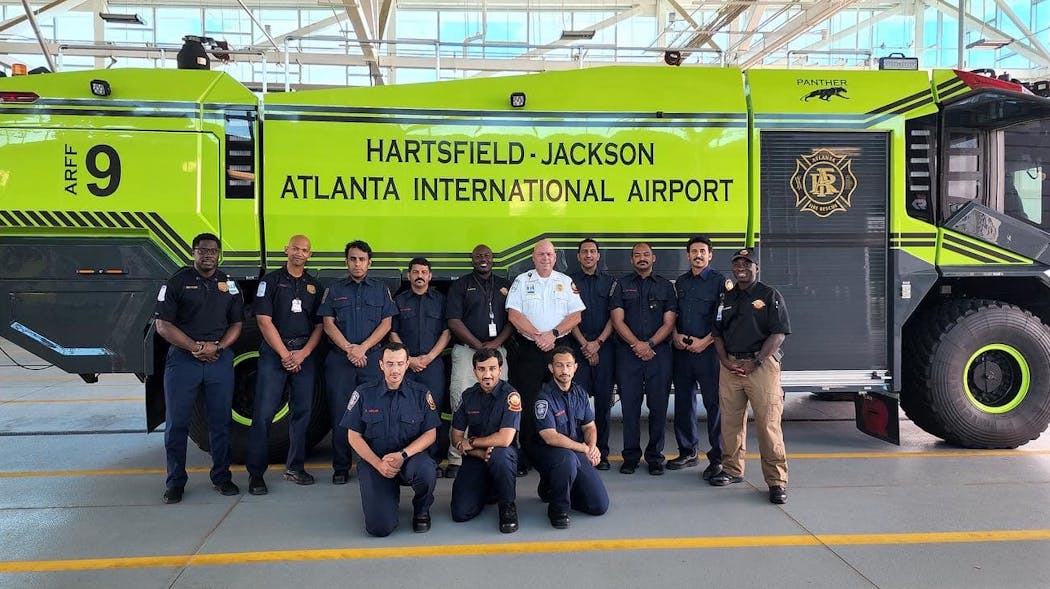 The cohort of Saudi Aramco firefighters who traveled to the United States in an August 2022 photo with Atlanta firefighters. The cohort of Saudi Aramco firefighters who traveled to the United States in an August 2022 photo with Atlanta firefighters.
