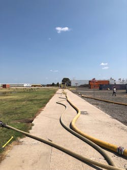 Here, dual supply lines were laid between the engine that’s pumping the hydrant and the primary attack engine. Here, dual supply lines were laid between the engine that’s pumping the hydrant and the primary attack engine.