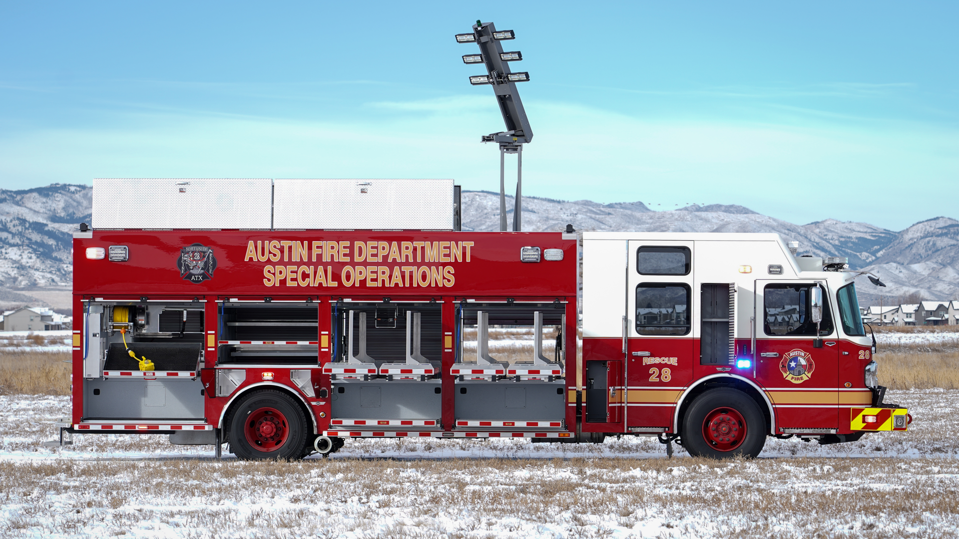 The rescue has a Warn M15000 electric winch, Command Light CL series light tower and roof top storage.