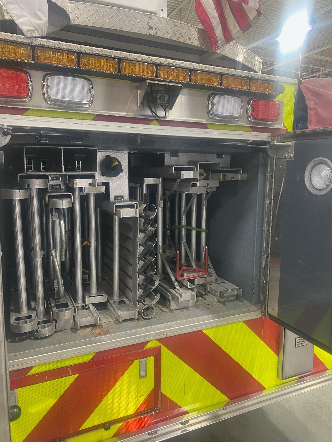 Valuable portable ladder storage can be achieved by moving the waterway to the exterior of the ladder tunnel. This ladder tunnel in a rear-mount aerial holds two 16-foot ladders, two 28-footers, one 35-foot ladder and one 45-footer.