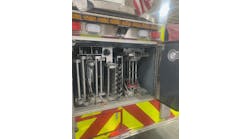 Valuable portable ladder storage can be achieved by moving the waterway to the exterior of the ladder tunnel. This ladder tunnel in a rear-mount aerial holds two 16-foot ladders, two 28-footers, one 35-foot ladder and one 45-footer.