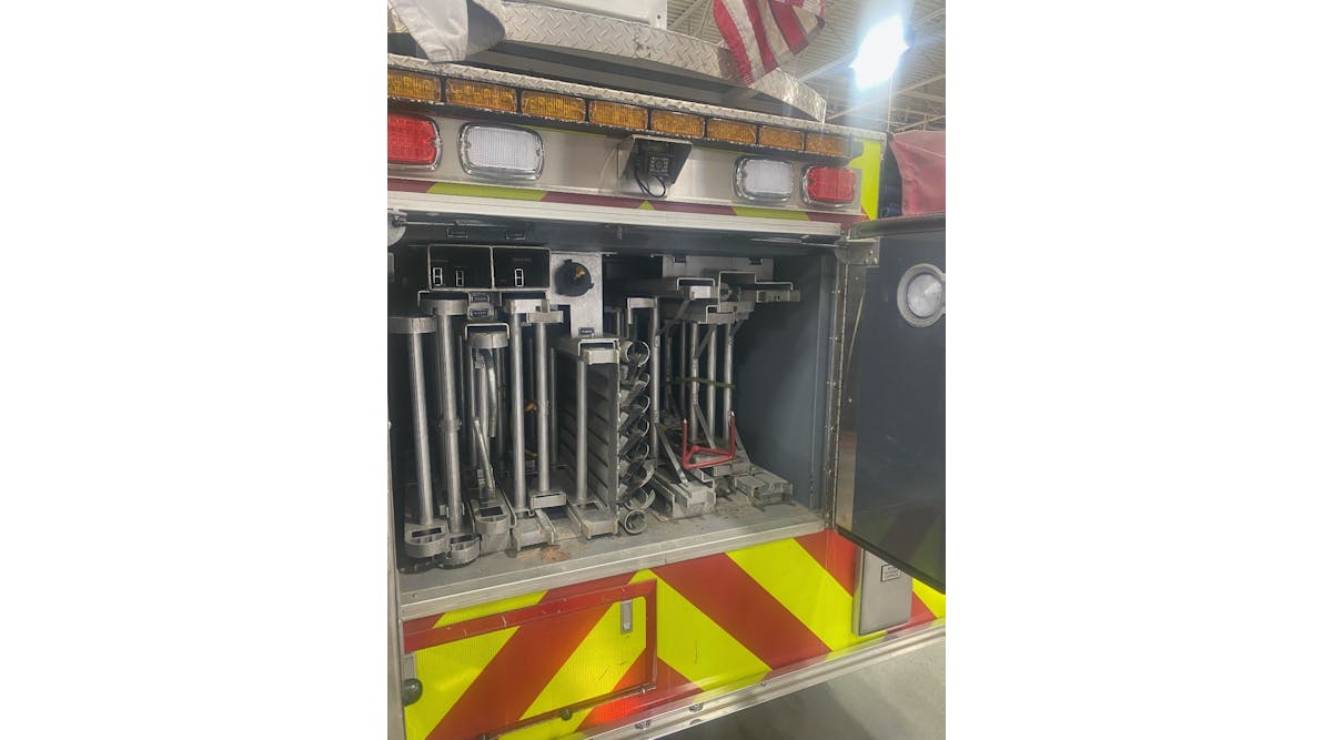 Valuable portable ladder storage can be achieved by moving the waterway to the exterior of the ladder tunnel. This ladder tunnel in a rear-mount aerial holds two 16-foot ladders, two 28-footers, one 35-foot ladder and one 45-footer.