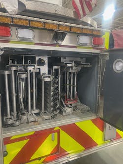 Valuable portable ladder storage can be achieved by moving the waterway to the exterior of the ladder tunnel. This ladder tunnel in a rear-mount aerial holds two 16-foot ladders, two 28-footers, one 35-foot ladder and one 45-footer. Valuable portable ladder storage can be achieved by moving the waterway to the exterior of the ladder tunnel. This ladder tunnel in a rear-mount aerial holds two 16-foot ladders, two 28-footers, one 35-foot ladder and one 45-footer.